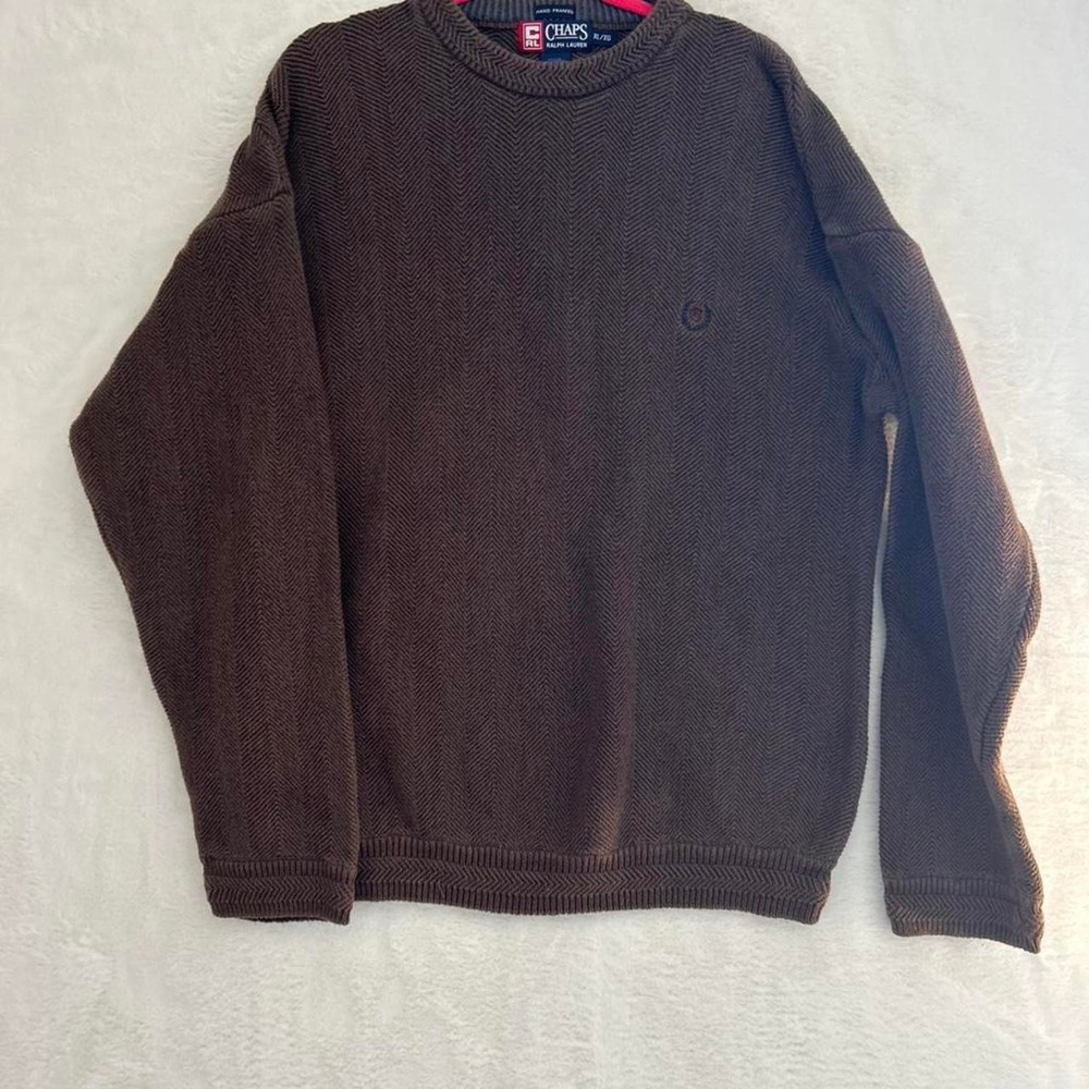 Chaps Ralph Lauren Sweater Mens XL Brown‎ Herringbone Knit Cotton Crewneck